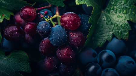 Close-up of dew-covered grapes on the vine, highlighting the fresh and juicy appearance of the fruit with a rich and deep color palette.の素材