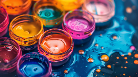 Vibrant image of colorful paint jars with splashes of paint around them, showcasing a playful and creative art scene filled with bright hues.の素材