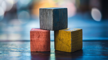 Close-up of three wooden blocks painted in primary colors (red, blue, yellow) stacked on a wooden surface, highlighting simplicity and geometric shapes.の素材