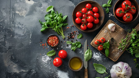 Rustic kitchen scene with fresh tomatoes, basil, garlic, and spices on a dark textured surface, highlighting the ingredients for a delicious meal.の素材