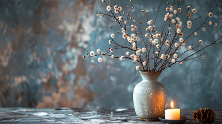 Moody and serene image of a rustic vase with delicate branches and a lit candle, creating a peaceful and contemplative ambiance.の素材