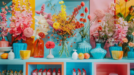 A bright and colorful flower arrangement in various vases, set against a multicolored background, perfect for themes of beauty and nature.の素材