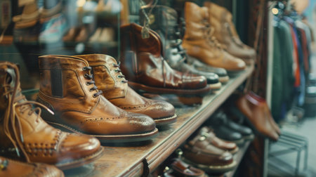 A display of leather shoes in a store, showcasing various styles and designs, emphasizing quality and craftsmanship.の素材