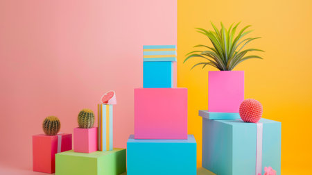 A colorful geometric decor setup featuring plants and vibrant boxes, creating a modern and playful ambiance.の素材