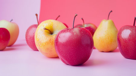 A variety of fresh apples and pears arranged on a colorful background, emphasizing their vibrant colors and textures.の素材