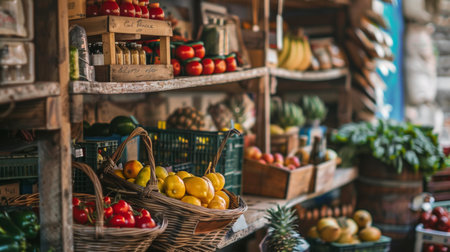 A rustic market scene with baskets of fresh fruits and vegetables on wooden shelves, showcasing a variety of colorful produce.の素材