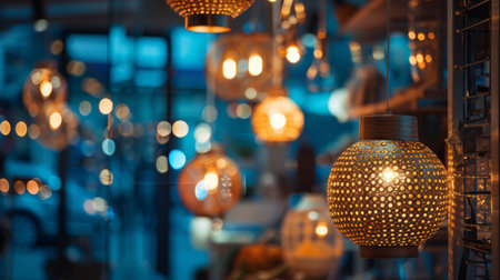 A collection of hanging lamps illuminating a cozy indoor setting, creating a warm and inviting atmosphere.の素材