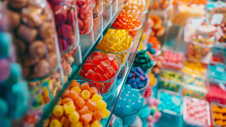 A vibrant display of various colorful candies in a candy store, with jars and containers filled with assorted sweets.の素材