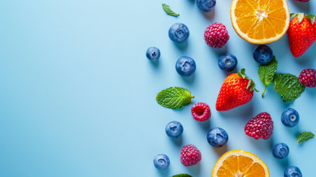 An arrangement of assorted fresh fruits, including strawberries, blueberries, and oranges, on a vibrant blue background for a healthy and colorful display.の素材