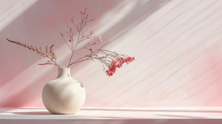 Elegant minimalist vase with dried flowers placed against a soft pink wall, creating a serene and aesthetic home decor scene.の素材
