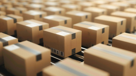 Numerous cardboard boxes on a conveyor belt in a logistics center, illustrating industrial automation and packaging processes.の素材