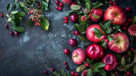 Top view of fresh red apples with green leaves on a dark background, showing natural beauty and freshness. Ideal for healthy eating themes.の素材