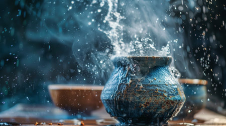 Dynamic image of water splashing out of a rustic ceramic pot, creating an artistic and lively visual effect. Perfect for art and craft themes.の素材