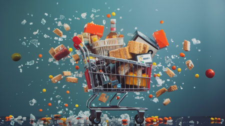 Creative image of a shopping cart filled with groceries and flying food items, capturing a dynamic and playful scene. Perfect for retail and supermarket themes.の素材