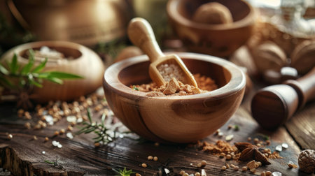 Rustic wooden bowl with mixed spices and herbs on a wooden table, highlighting natural ingredients and culinary traditions. Ideal for cooking and food themes.の素材