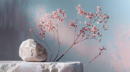 Artistic composition of dried flowers and stone on a pastel background, creating a serene and minimalist scene. Ideal for nature and home decor themes.の素材