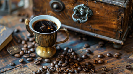 Vintage coffee cup with coffee beans on a wooden table, creating a cozy and nostalgic atmosphere. Ideal for coffee and rustic themes.の素材