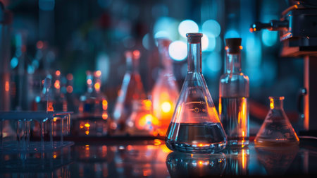 Laboratory glassware with colorful bokeh background, showcasing scientific research and experiments. Perfect for science and technology themes.の素材