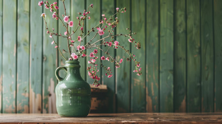Pink cherry blossoms in a green ceramic vase on a wooden table, creating a beautiful and serene floral arrangement. Perfect for home decor and spring themes.の素材