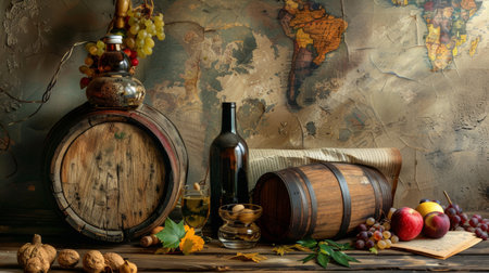 Wine barrels and bottles with fruits arranged on a table, set against a vintage map background, evoking a rustic and historical charm. Perfect for wine, travel, and historical themes.の素材
