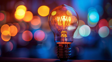 Close-up of an illuminated lightbulb with a vibrant and colorful bokeh background, showing a bright and creative concept. Ideal for technology, innovation, and creative themes.の素材