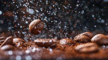 Coffee beans captured in mid-air with a bokeh background, highlighting the dynamic and energetic essence of coffee. Perfect for beverage, dynamic, and energy themes.の素材