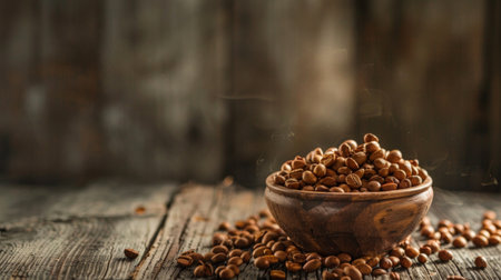 A wooden bowl filled with roasted coffee beans placed on a rustic wooden table, exuding a warm and inviting atmosphere. Ideal for coffee, beverage, and rustic themes.の素材