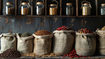 A variety of spices displayed in burlap sacks and glass jars on a rustic shelf, creating a rich and aromatic setting. Perfect for culinary, food, and rustic themes.の素材