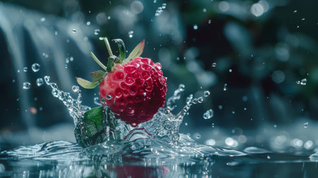 A fresh strawberry captured in mid-splash with water droplets and a bokeh background, highlighting its freshness and vibrancy. Ideal for fruit, food, and dynamic themes.の素材
