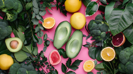 A fresh and vibrant arrangement of green vegetables and fruits on a pink background, creating a healthy and colorful visual. Perfect for food, health, and freshness themes.の素材