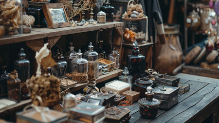 Vintage apothecary jars and containers on wooden shelves, showcasing an antique and nostalgic feel. Perfect for historical, vintage, and antique themes.の素材