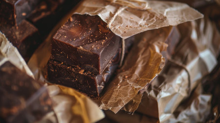 Chunks of dark chocolate placed on rustic paper wrapping, showcasing the rich texture and detail. Ideal for food, chocolate, and dessert themes.の素材