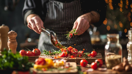 Chef preparing food with fresh ingredients in a kitchen. Dynamic and appetizing composition showcase culinary skills and vibrant ingredients.の素材