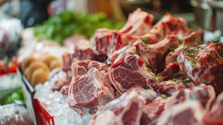Raw lamb chops displayed on ice at a market. Fresh and appetizing composition highlighting the quality and freshness of the meat.の素材