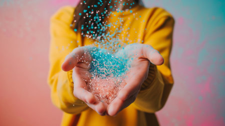 Colorful glitter poured into hands against a pastel background. Playful and vibrant composition emphasizing creativity and fun with glitter.の素材