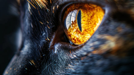 Close-up of a cat's eye with detailed reflection. Intricate and mesmerizing composition highlighting the beauty and complexity of feline eyes.の素材