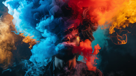 Artistic portrait of a person surrounded by vibrant clouds of blue, red, and orange smoke, creating a dramatic and surreal atmosphere.の素材