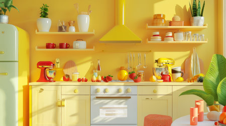 Bright and cheerful kitchen interior with yellow cabinets, vibrant appliances, and fresh fruits, creating a lively and welcoming atmosphere.の素材