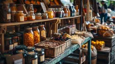 Market stand displaying a variety of goods including jars of preserves, dried fruits, and spices, creating a rustic and bustling atmosphere.の素材