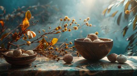 A rustic still life composition featuring wooden bowls filled with nuts and autumnal foliage. The warm lighting and earthy tones evoke a cozy and natural atmosphere, ideal for themes related to autumn and rustic decor.の素材