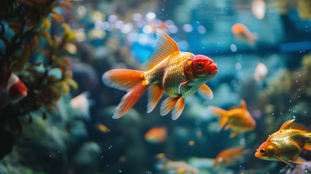 A vibrant and colorful goldfish swimming in an aquarium with a bokeh background. The lively and detailed image is ideal for topics related to marine life, pets, and aquariums.の素材