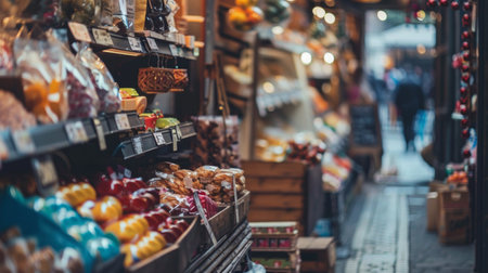 A bustling market stall filled with fresh produce and a bokeh background. The vibrant colors and lively atmosphere capture the essence of a busy market, perfect for themes related to food, commerce, and community.の素材