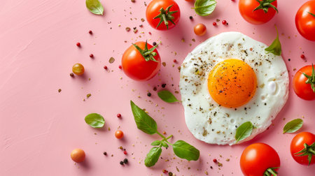 A fried egg with fresh tomatoes and basil leaves arranged on a pink background. The vibrant colors and appetizing presentation make it perfect for food and breakfast themes.の素材