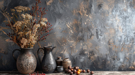 Rustic vases and dried berries arranged on a textured background, creating a vintage and earthy scene. Perfect for themes related to rustic decor, vintage style, and natural elements.の素材