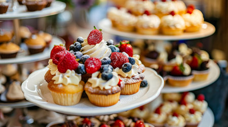 Delicious gourmet cupcakes topped with fresh berries and whipped cream, displayed on a dessert stand. The cupcakes are beautifully decorated, making them perfect for parties, celebrations, and special occasions.の素材