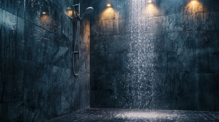 A luxurious rainfall shower with dark tiles and dramatic lighting, creating a spa-like atmosphere. The cascading water and ambient light enhance the modern and elegant design, ideal for a high-end bathroom.の素材