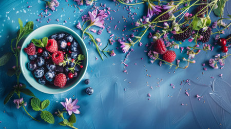 Top view of fresh berries in a bowl, surrounded by flowers on a blue surface, creating a vibrant and fresh scene.の素材