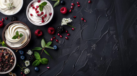 Assortment of yogurt bowls topped with berries and mint leaves, arranged on a dark textured background.の素材
