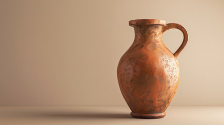 Rustic clay pitcher set against a neutral background, highlighting its earthy texture and traditional design.の素材