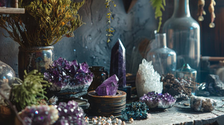 A collection of various crystals and minerals displayed on a rustic table, showcasing their natural beauty and diversity.の素材